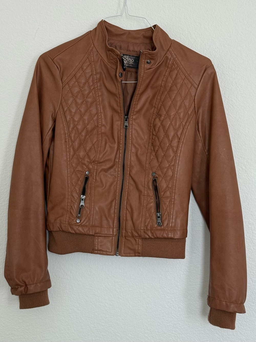 Ci Sono Women's Quilted Faux Leather Jacket in Cognac Brown